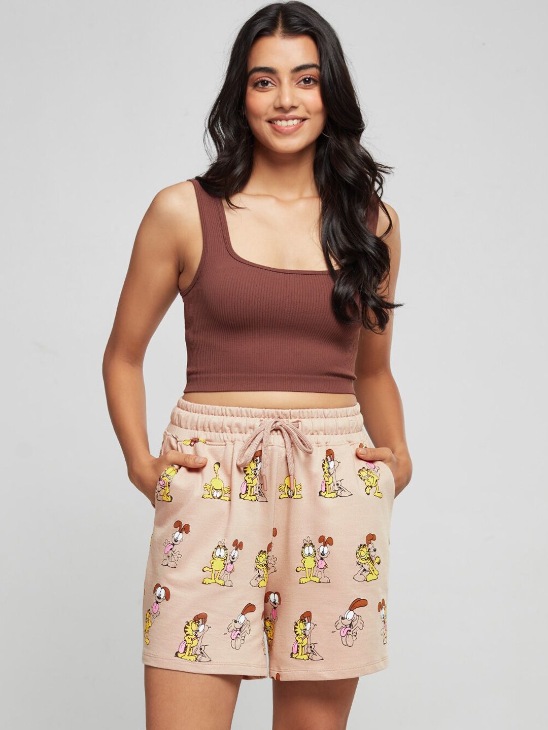 The Souled Store Women Pink Printed Garfield Cotton Shorts