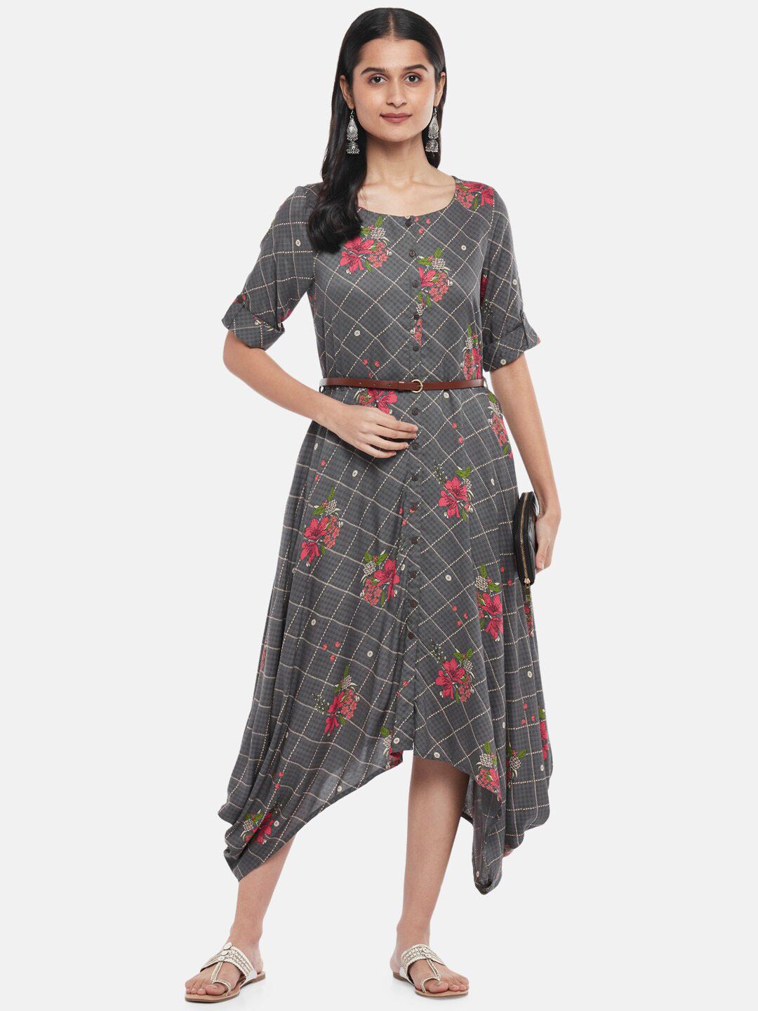 AKKRITI BY PANTALOONS Charcoal Floral A-Line Midi Dress Price in India