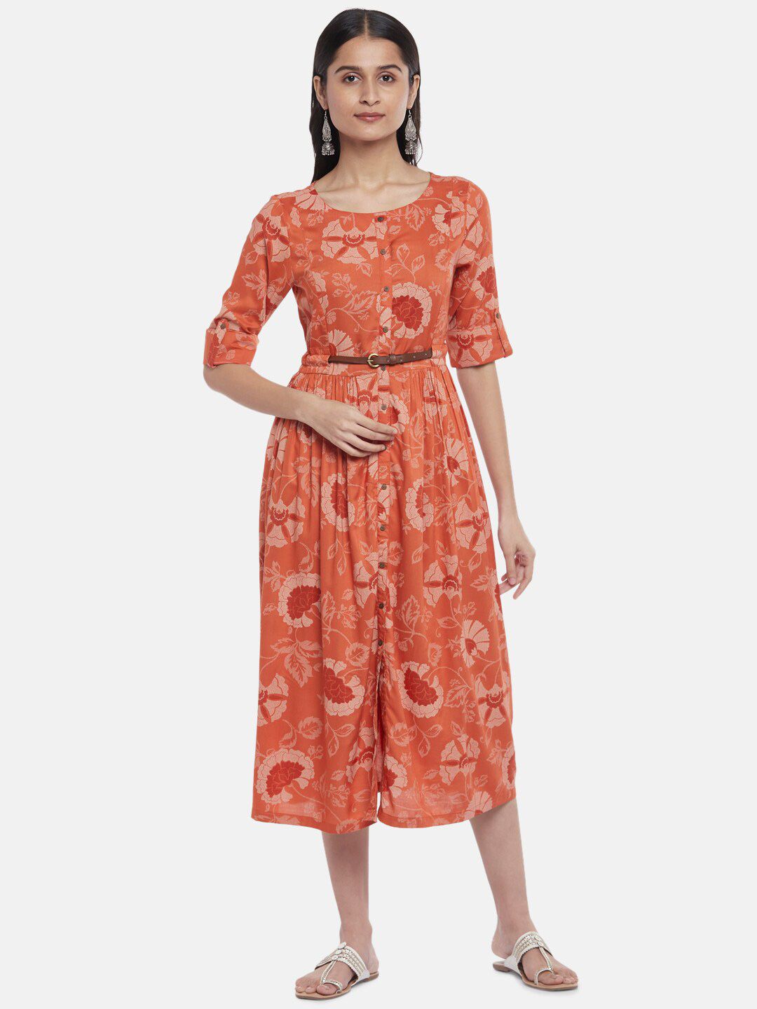 AKKRITI BY PANTALOONS Orange & Coral Ethnic Motifs Midi Dress Price in India