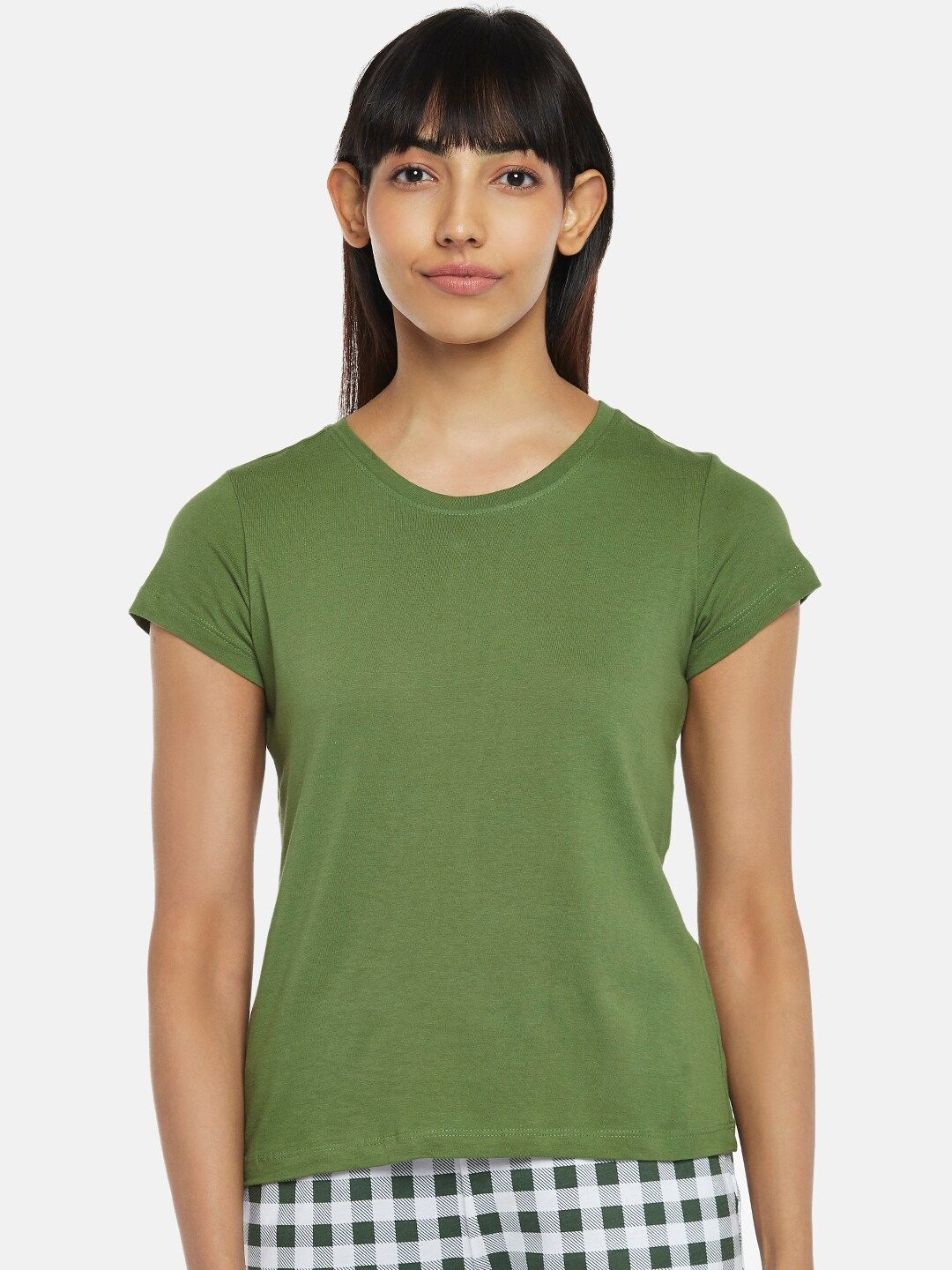 Dreamz by Pantaloons Women Olive Green Cotton Lounge T-Shirt Price in India