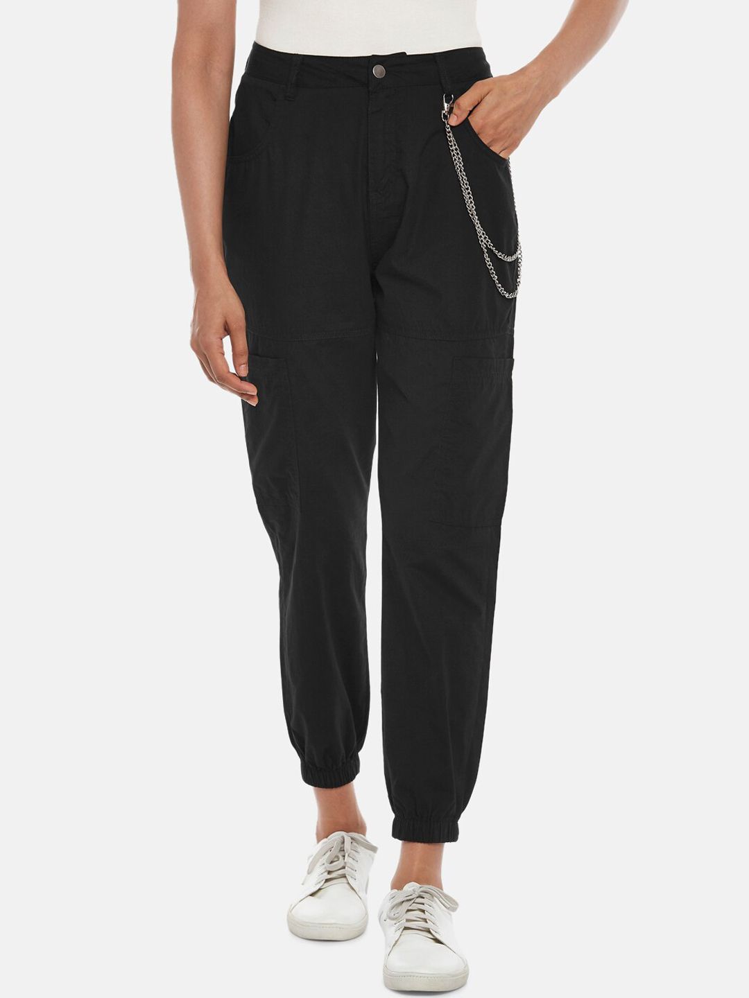 People Women Black High-Rise Joggers Trousers Price in India