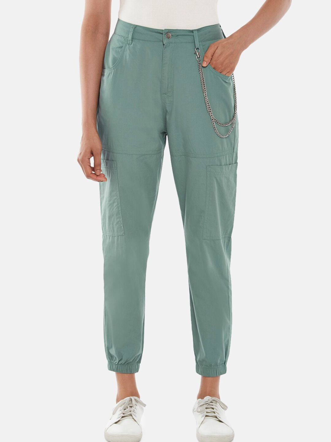 People Women Green High-Rise Joggers Trousers Price in India