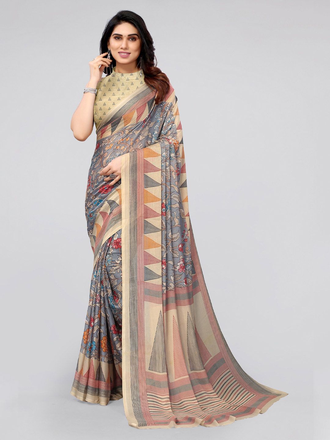 MIRCHI FASHION Grey & Red Poly Chiffon Saree
