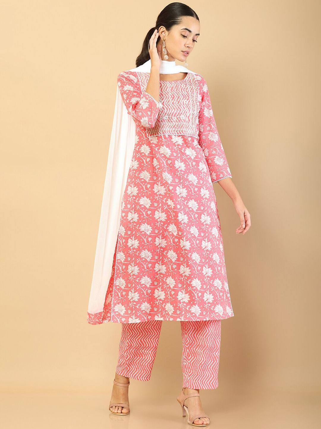 Soch Women Pink Floral Printed Panelled Thread Work Pure Cotton Kurta with Trousers & With Dupatta Price in India