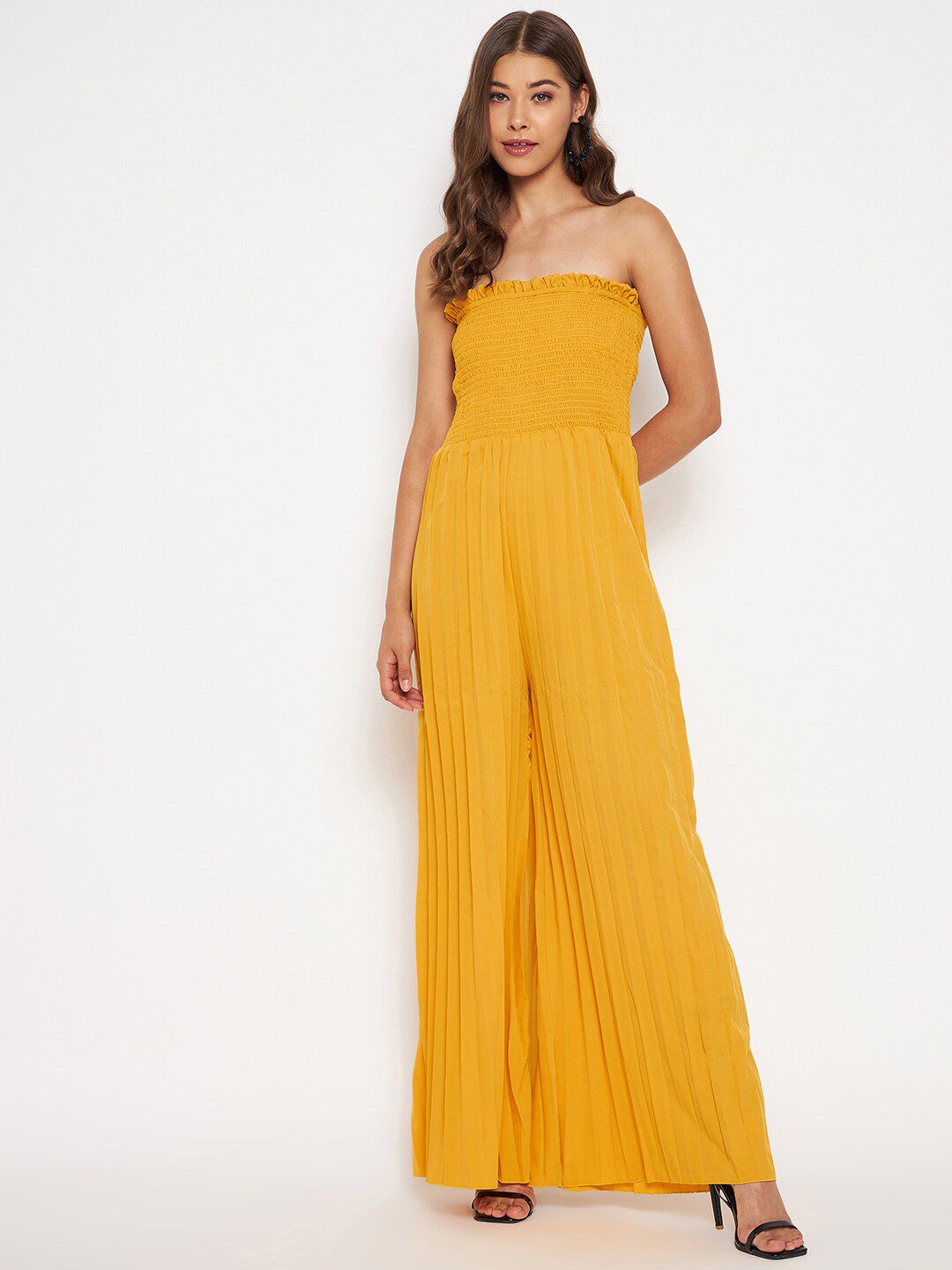 Uptownie Lite Women Yellow Crepe Smocked Strapless Basic Jumpsuit