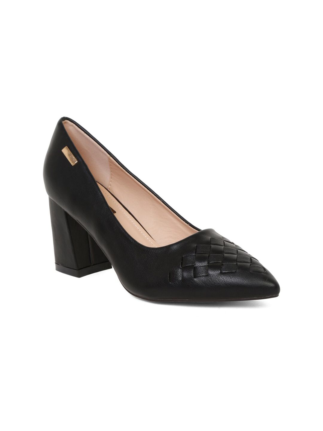 Flat n Heels Black Textured Block Pumps with Laser Cuts Price in India