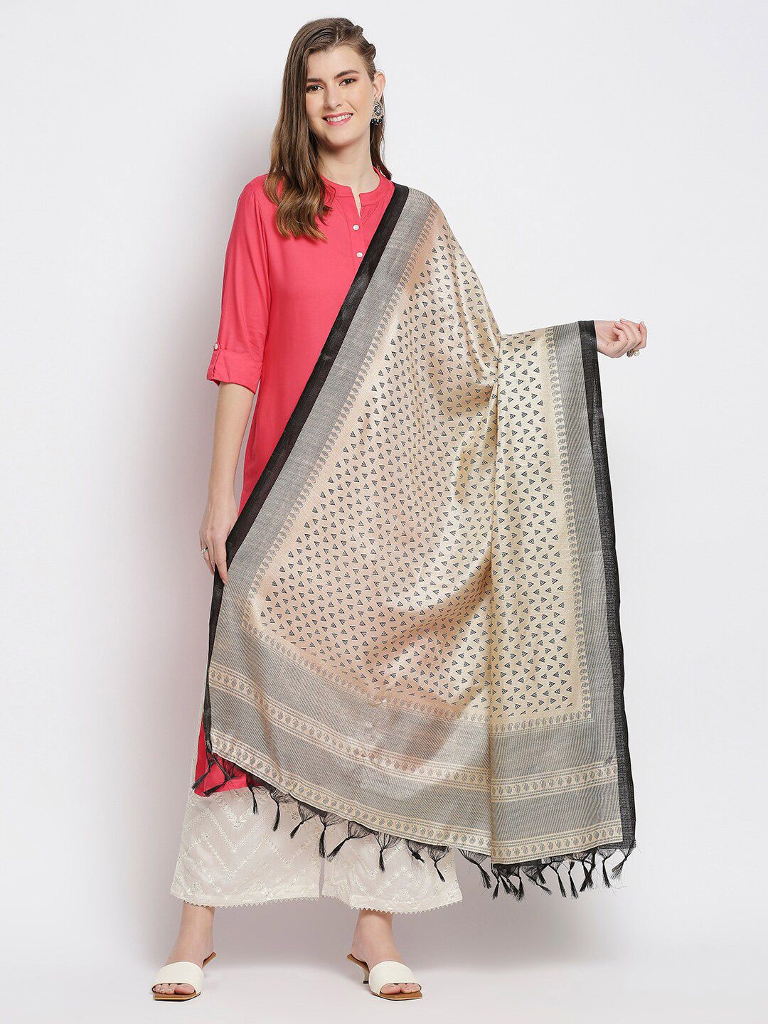 Dupatta Bazaar Beige & Grey Ethnic Motifs Printed Art Silk Dupatta