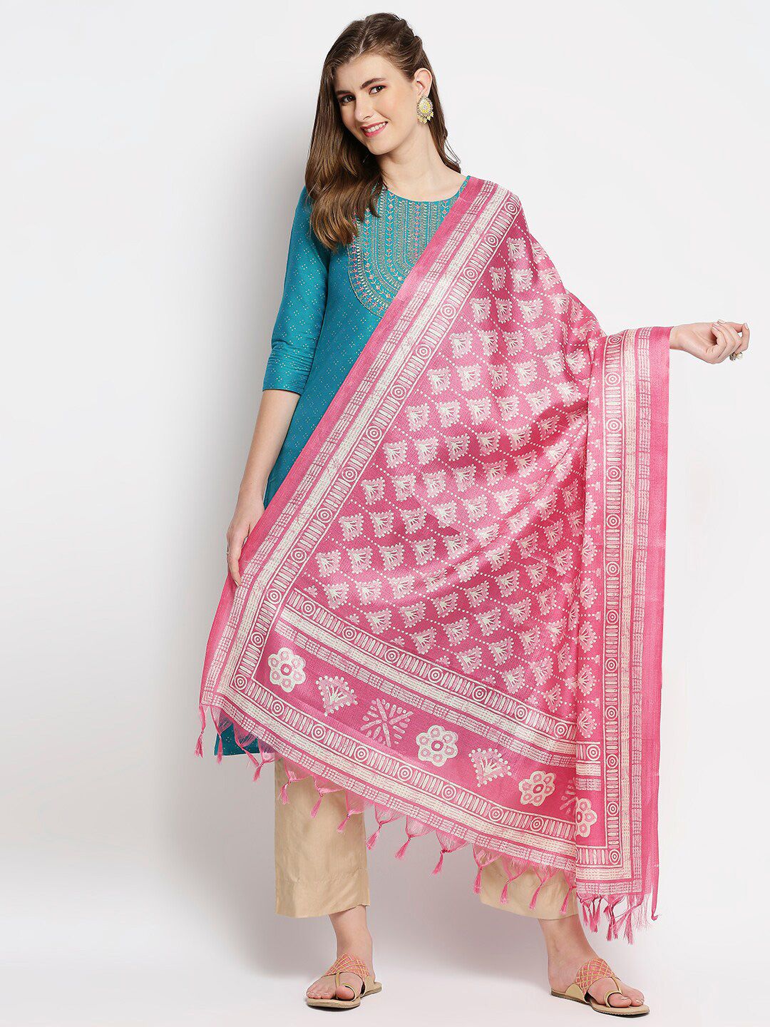 Dupatta Bazaar Women Pink & Cream-Coloured Ethnic Motifs Printed Art Silk Dupatta Price in India