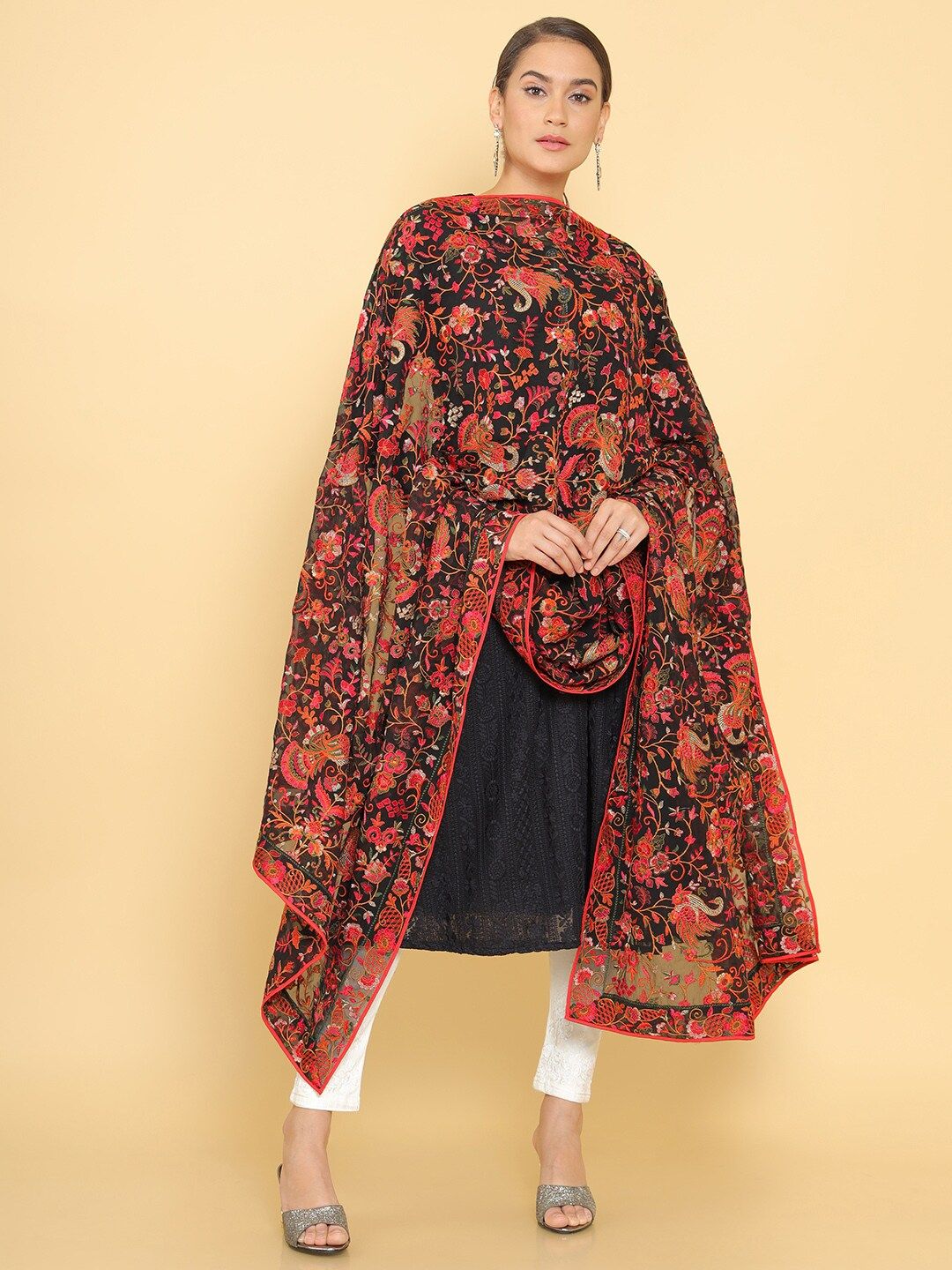 Soch Black & Red Printed Dupatta with Thread Work Price in India