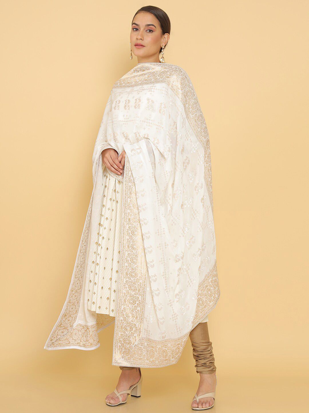 Soch Off White & Gold-Toned Ethnic Motifs Woven Design Dupatta with Thread Work Price in India