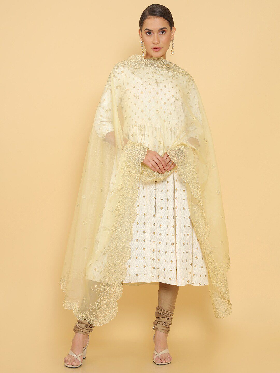 Soch Gold-Toned Printed Organza Dupatta with Thread Work Price in India