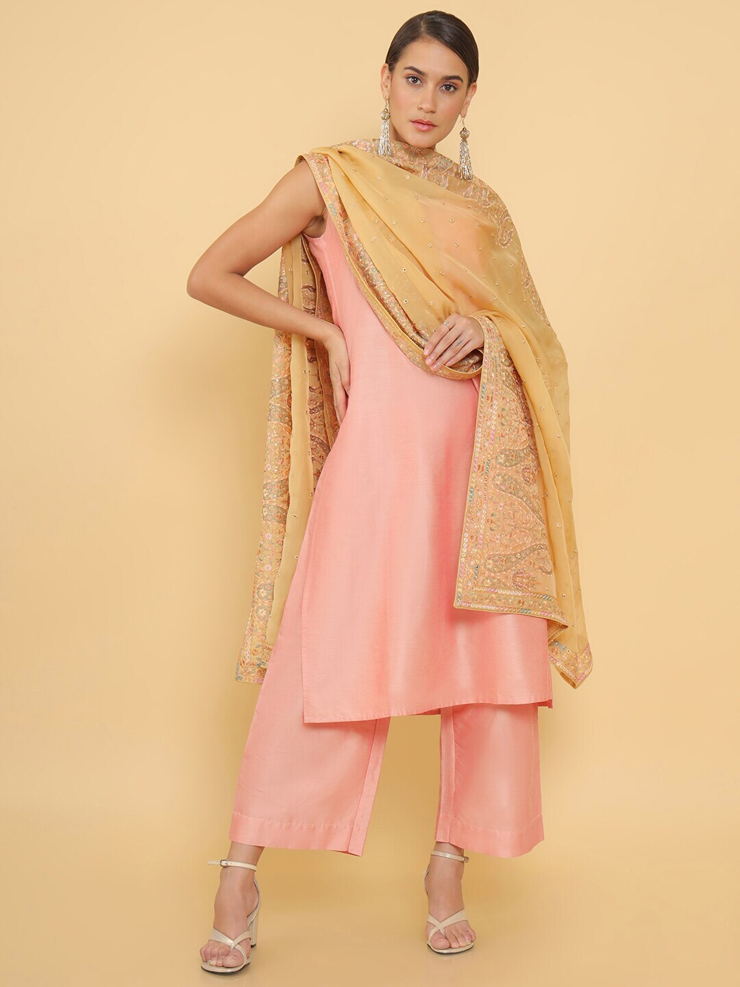 Soch Beige & Gold-Toned Paisley Embroidered Organza Dupatta with Thread Work Price in India