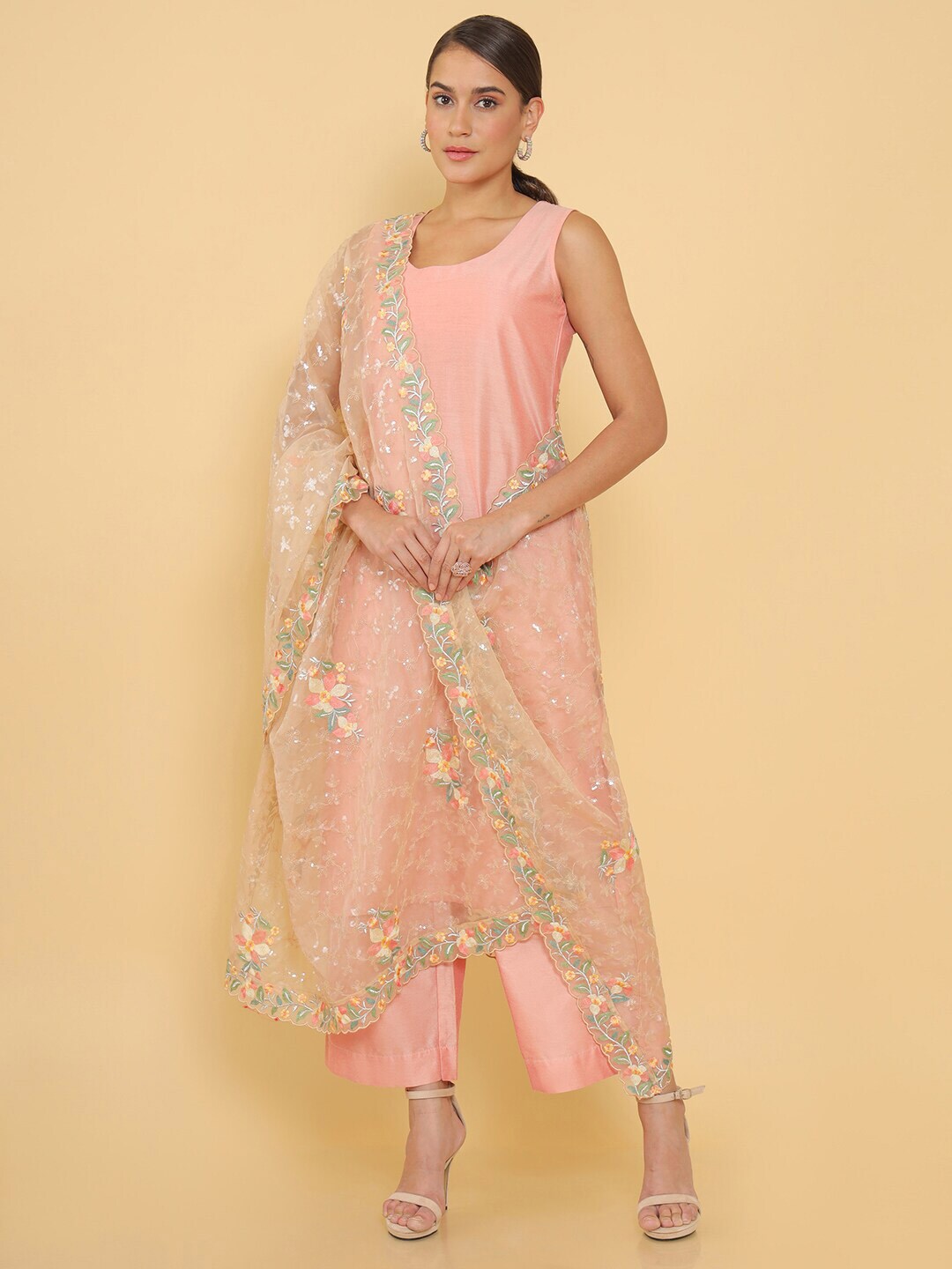 Soch Beige & Pink Embroidered Organza Dupatta with Thread Work Price in India