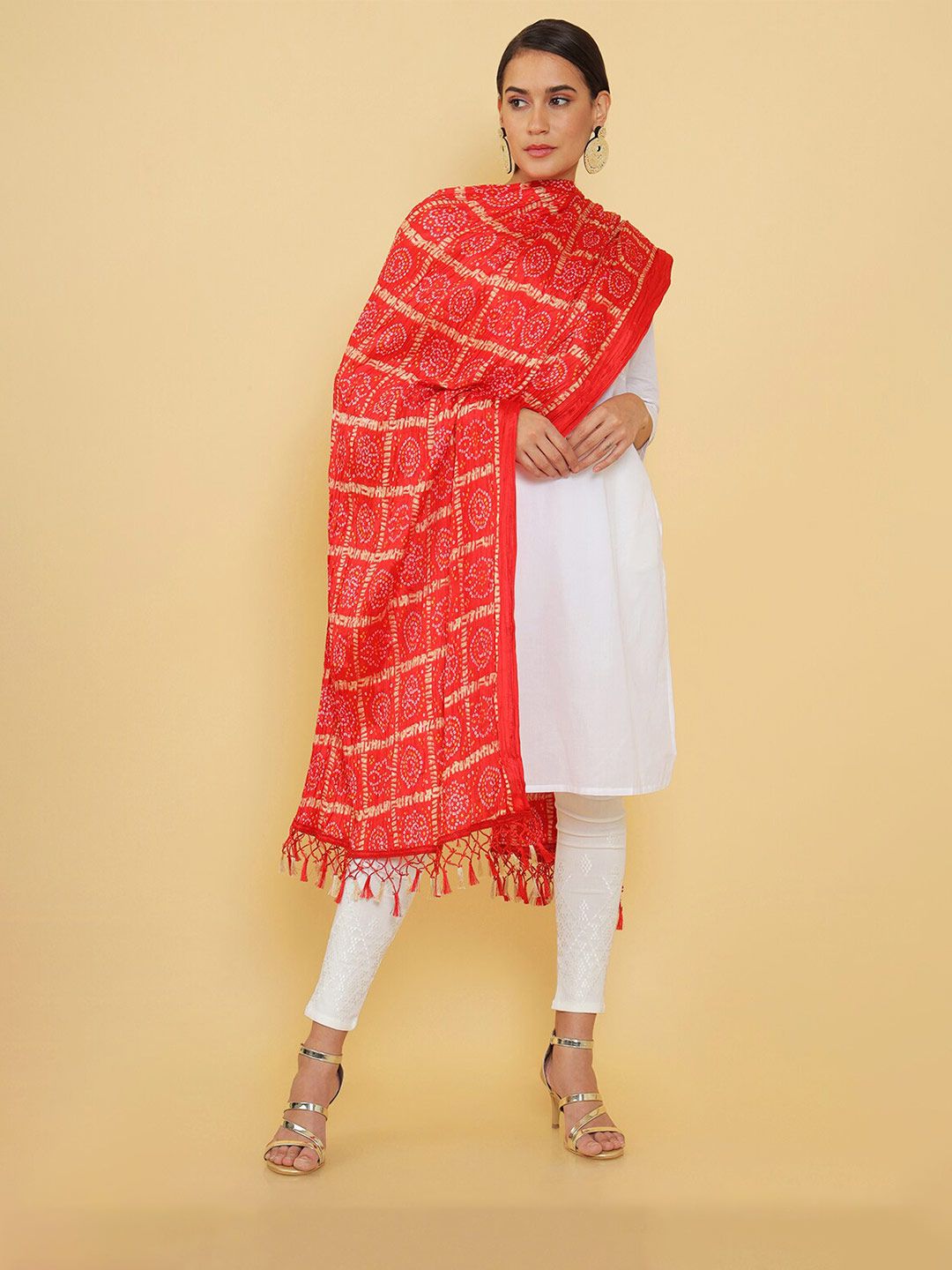 Soch Red & White Bandhani Printed Dupatta Price in India