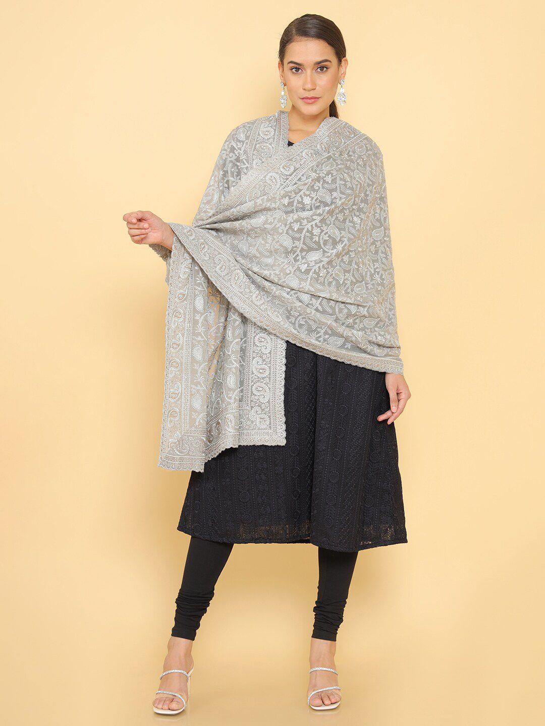 Soch Grey & White Ethnic Motifs Embroidered Dupatta with Thread Work Price in India