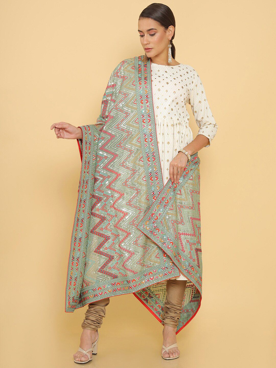 Soch Green & Red Embroidered Organza Dupatta with Thread Work Price in India