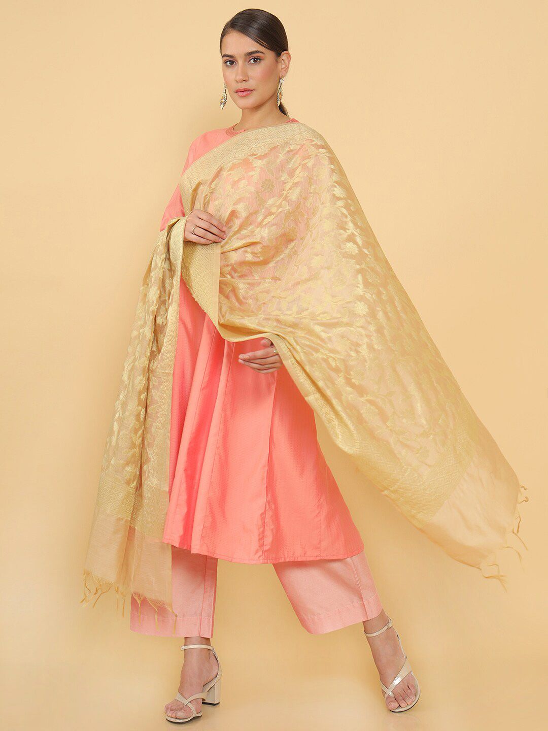 Soch Beige Woven Design Dupatta Price in India