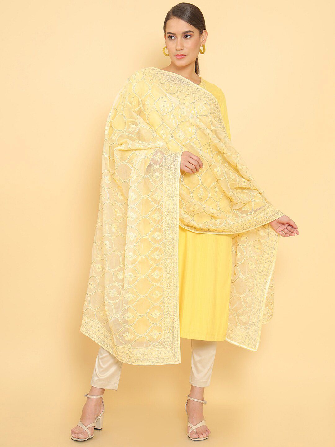 Soch Yellow Embroidered Organza Dupatta with Thread Work Price in India