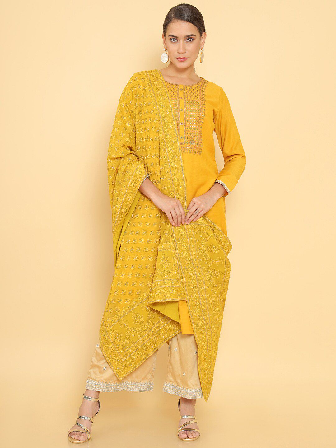 Soch Mustard & Beige Embroidered Dupatta with Thread Work Price in India