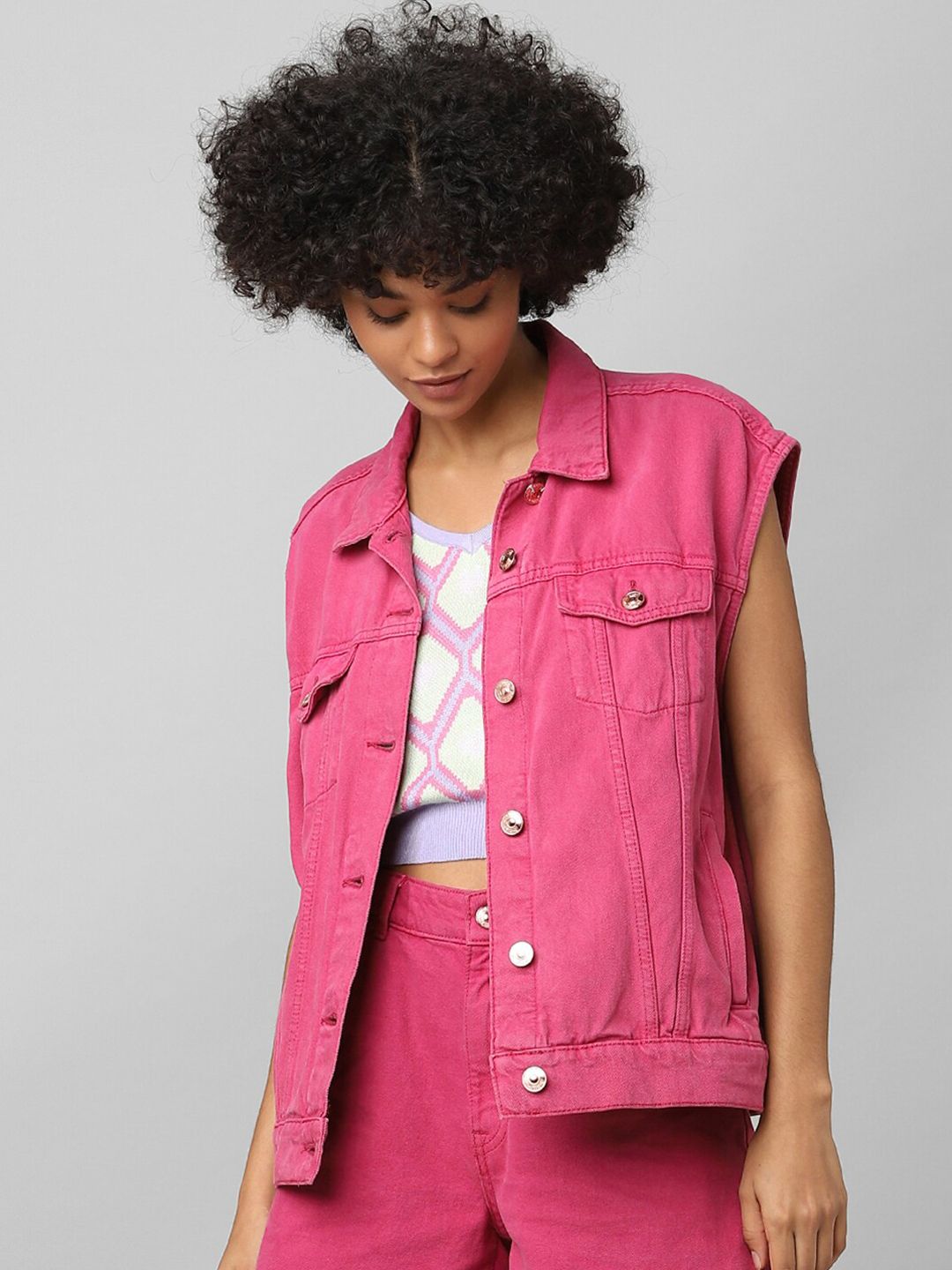 ONLY Women Pink Solid Denim Jacket with Embroidered Price in India