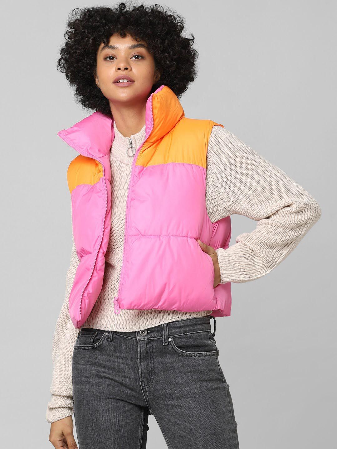 ONLY Women Pink & Orange Colour Blocked Crop Padded Jacket Price in India