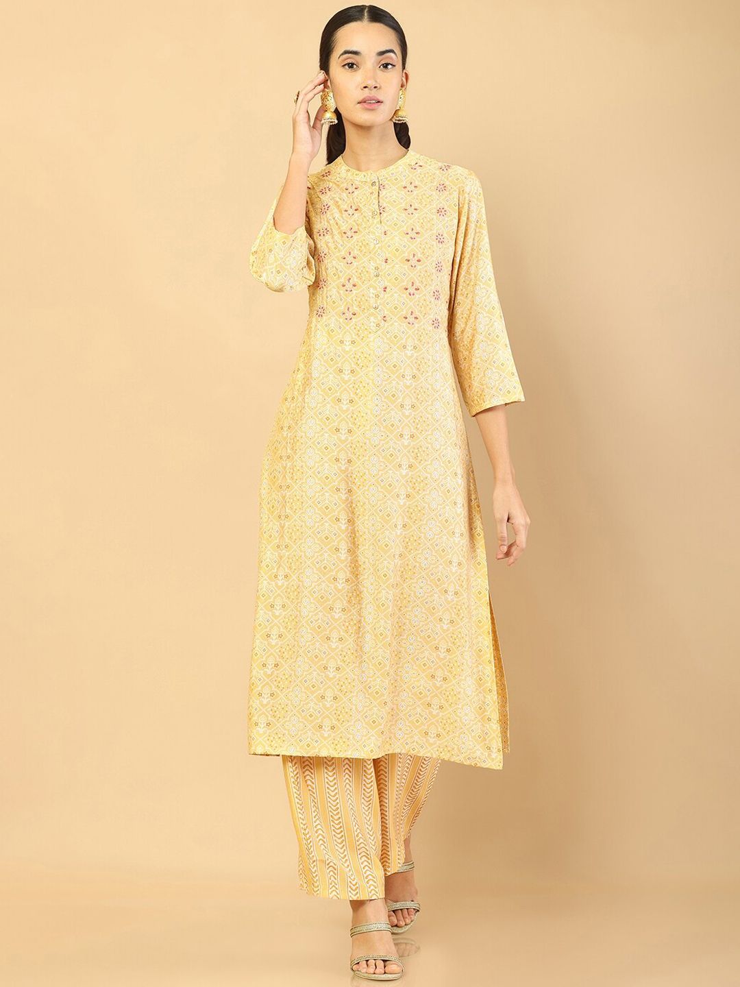 Soch Women Yellow Ethnic Motifs Printed Pure Cotton Kurta with Trousers Price in India