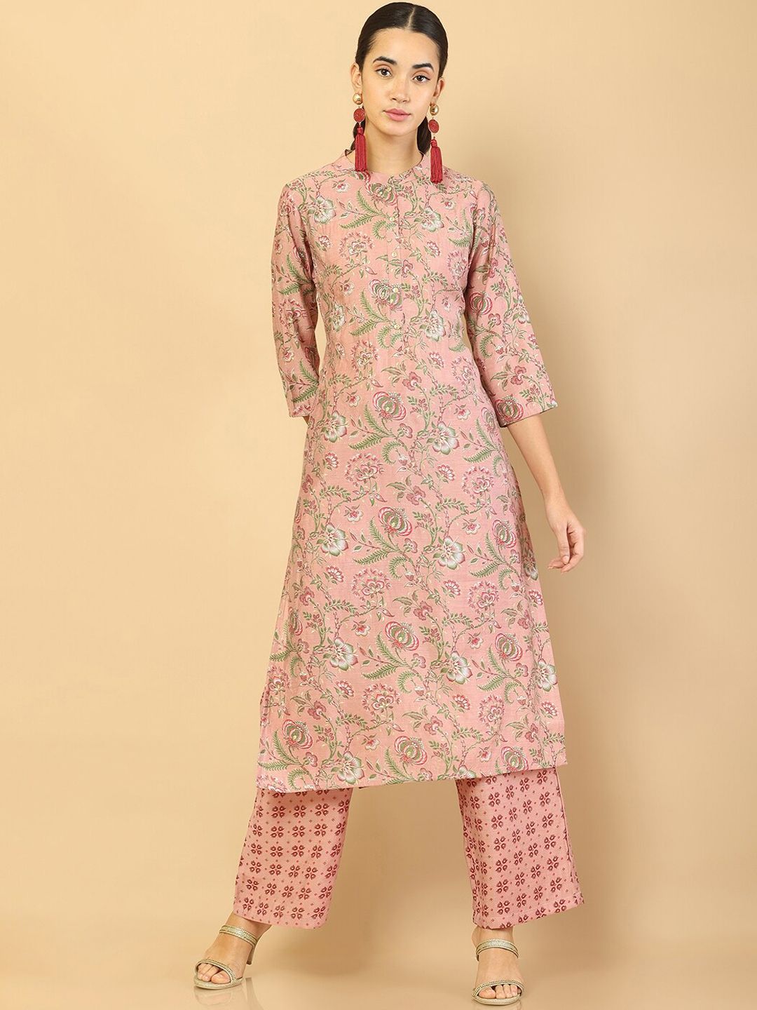 Soch Women Peach-Coloured Floral Printed Pure Cotton Kurta with Trousers Price in India