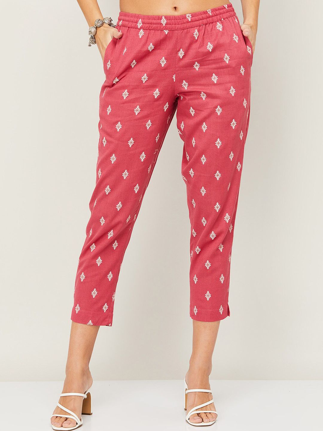 Melange by Lifestyle Women Pink Ethnic Motifs Printed High-Rise Cigarette Trousers Price in India
