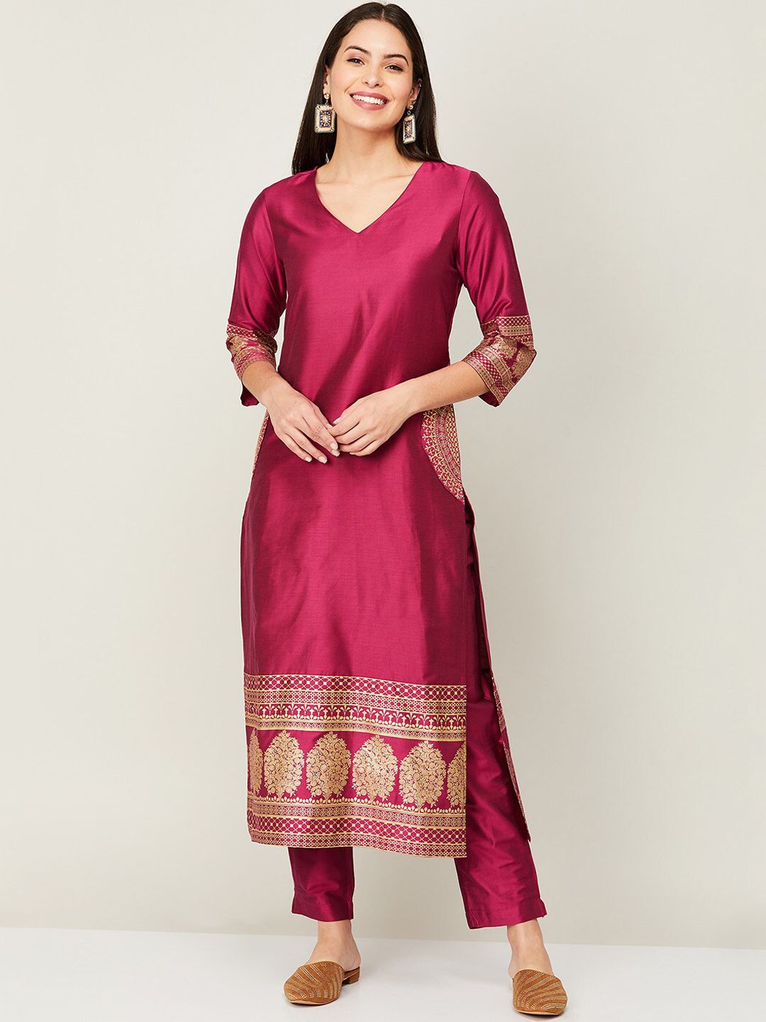 Melange by Lifestyle Women Magenta Ethnic Motifs Printed Kurta with Trousers Price in India