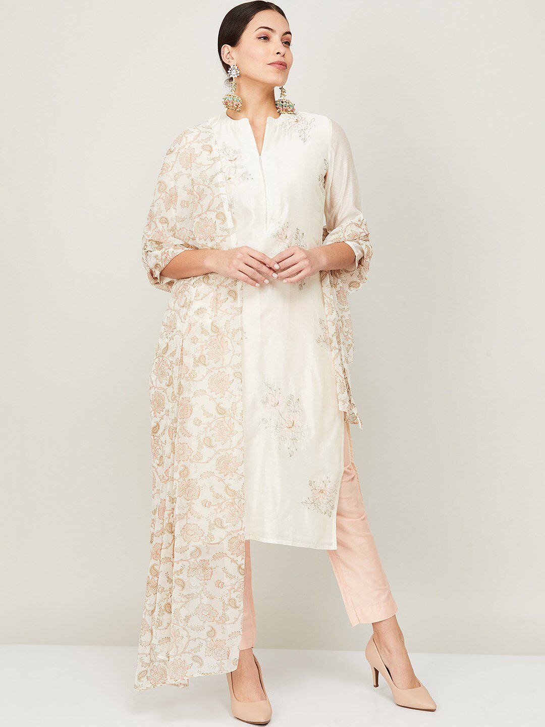 Melange by Lifestyle Women White Floral Printed Kurta with Trousers & With Dupatta Price in India