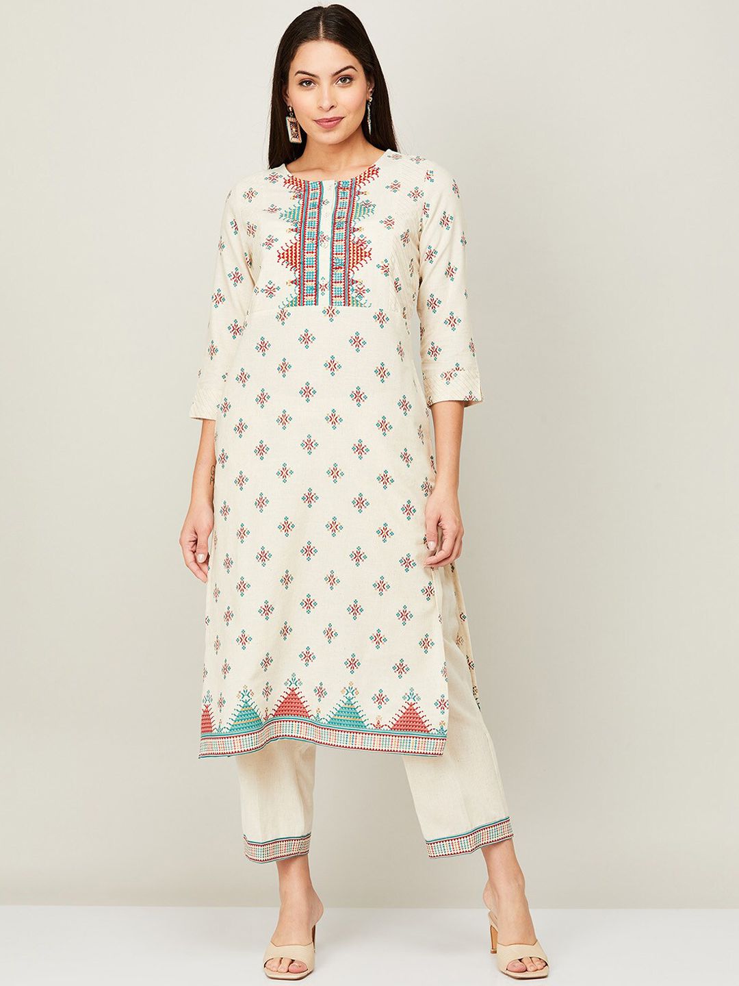 Melange by Lifestyle Women Off White Ethnic Motifs Printed Pure Cotton Kurta with Trousers Price in India