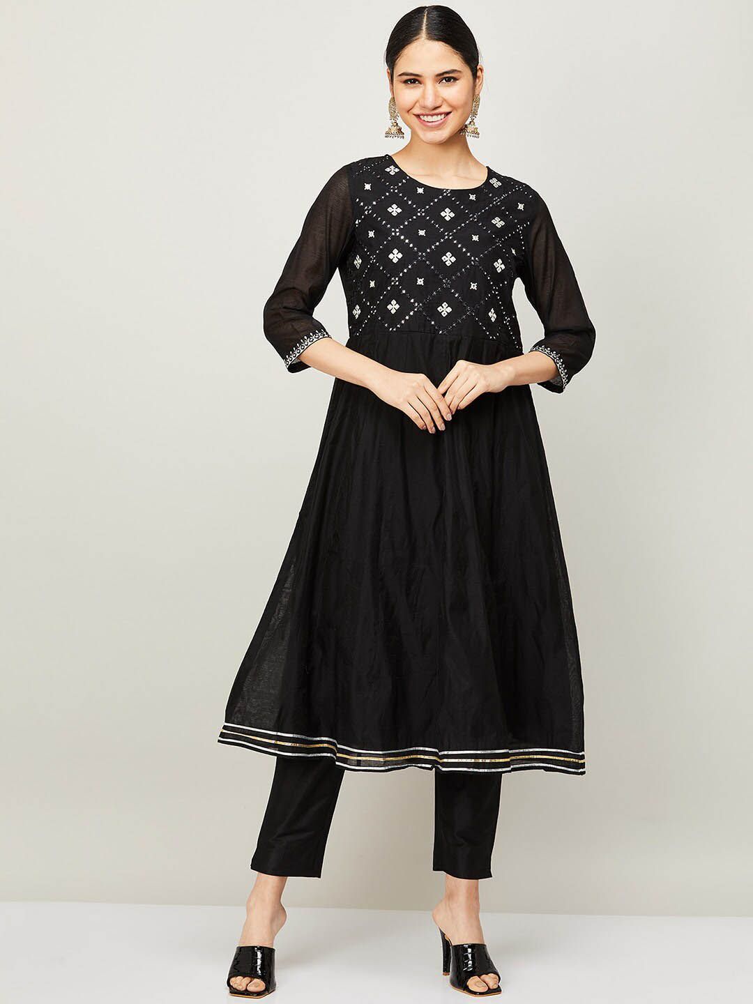 Melange by Lifestyle Women Black Floral Yoke Design Pleated Kurta with Trousers & Dupatta Price in India