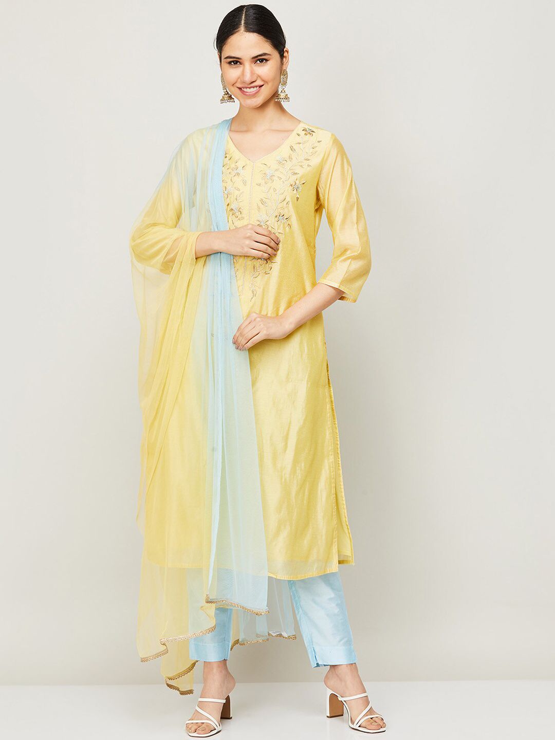 Melange by Lifestyle Women Yellow Embroidered Empire Kurta with Trousers & With Dupatta Price in India