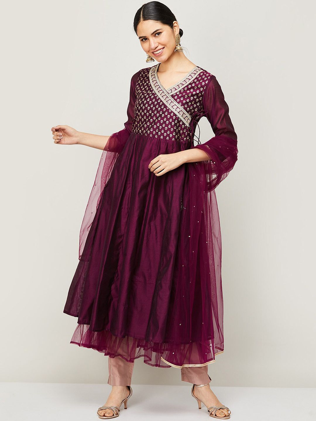 Melange by Lifestyle Women Burgundy Yoke Design Angrakha Kurta with Trousers & Dupatta Price in India