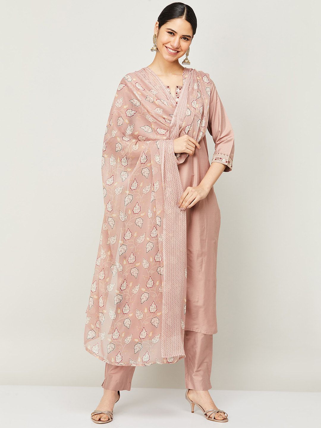 Melange by Lifestyle Women Pink Floral Embroidered Kurti with Trousers & With Dupatta Price in India