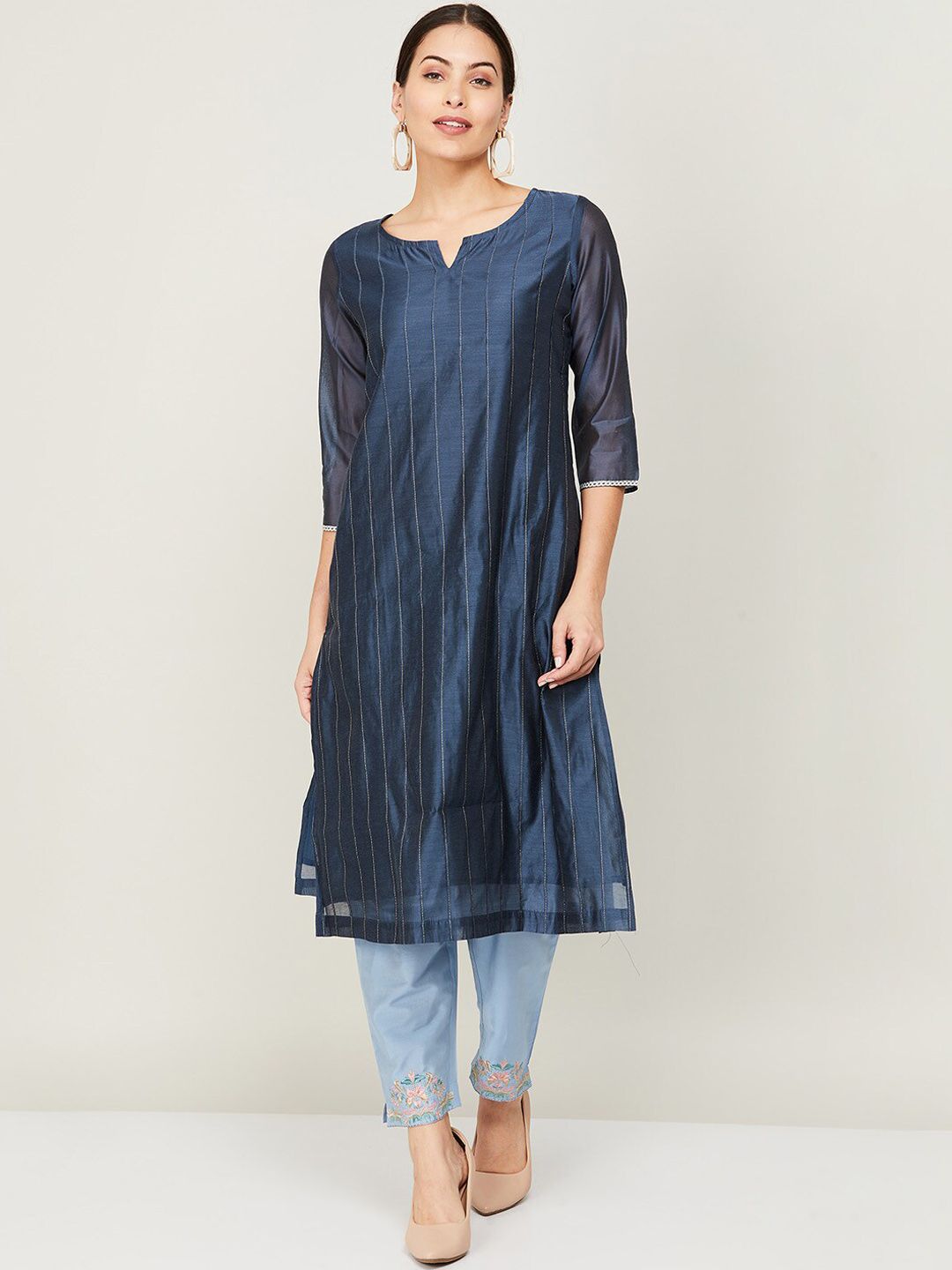 Melange by Lifestyle Women Blue Pleated Kurta with Trousers Price in India