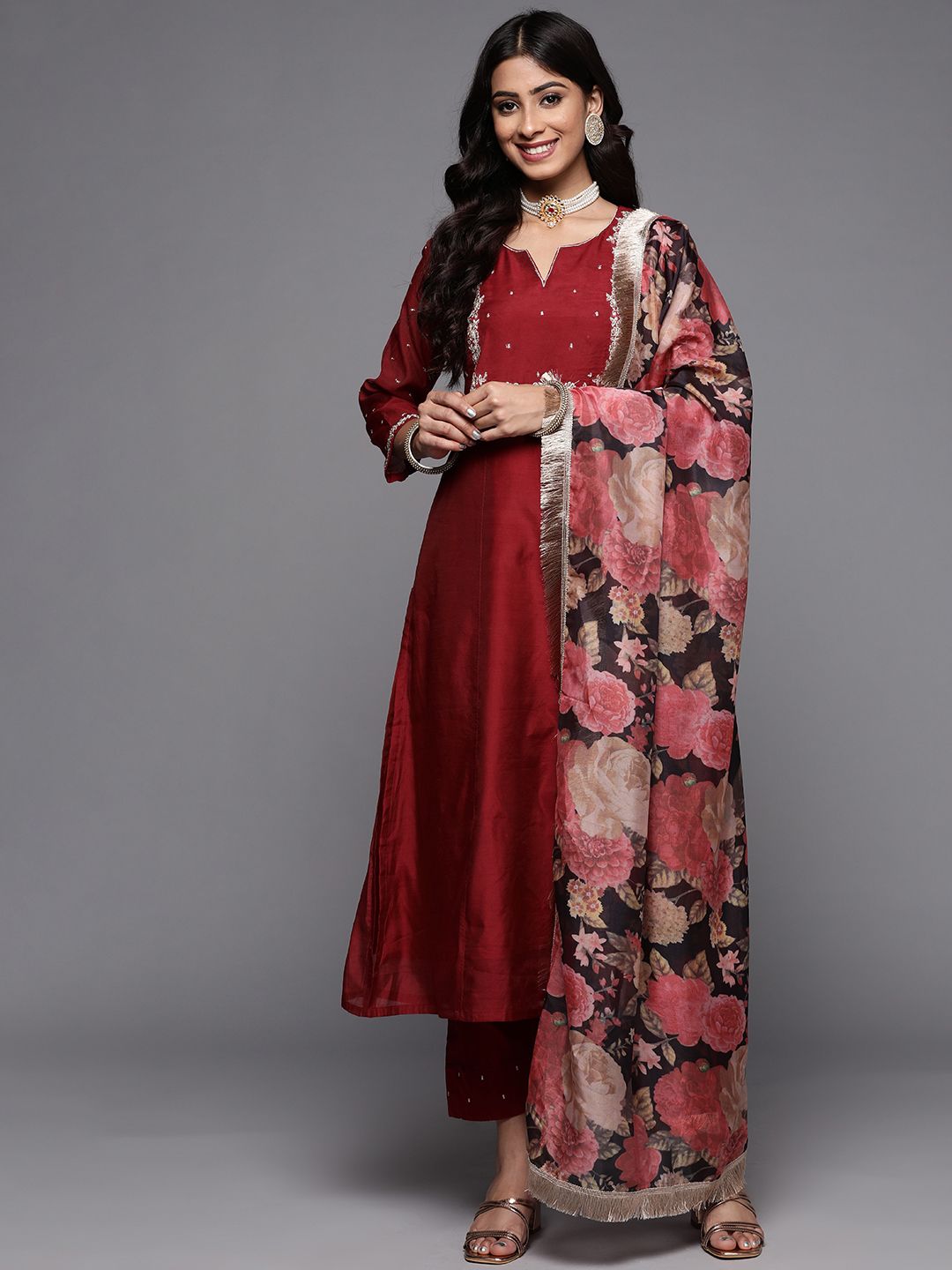 Varanga Women Maroon Ethnic Motifs Embroidered Kurta with Trousers & With Dupatta