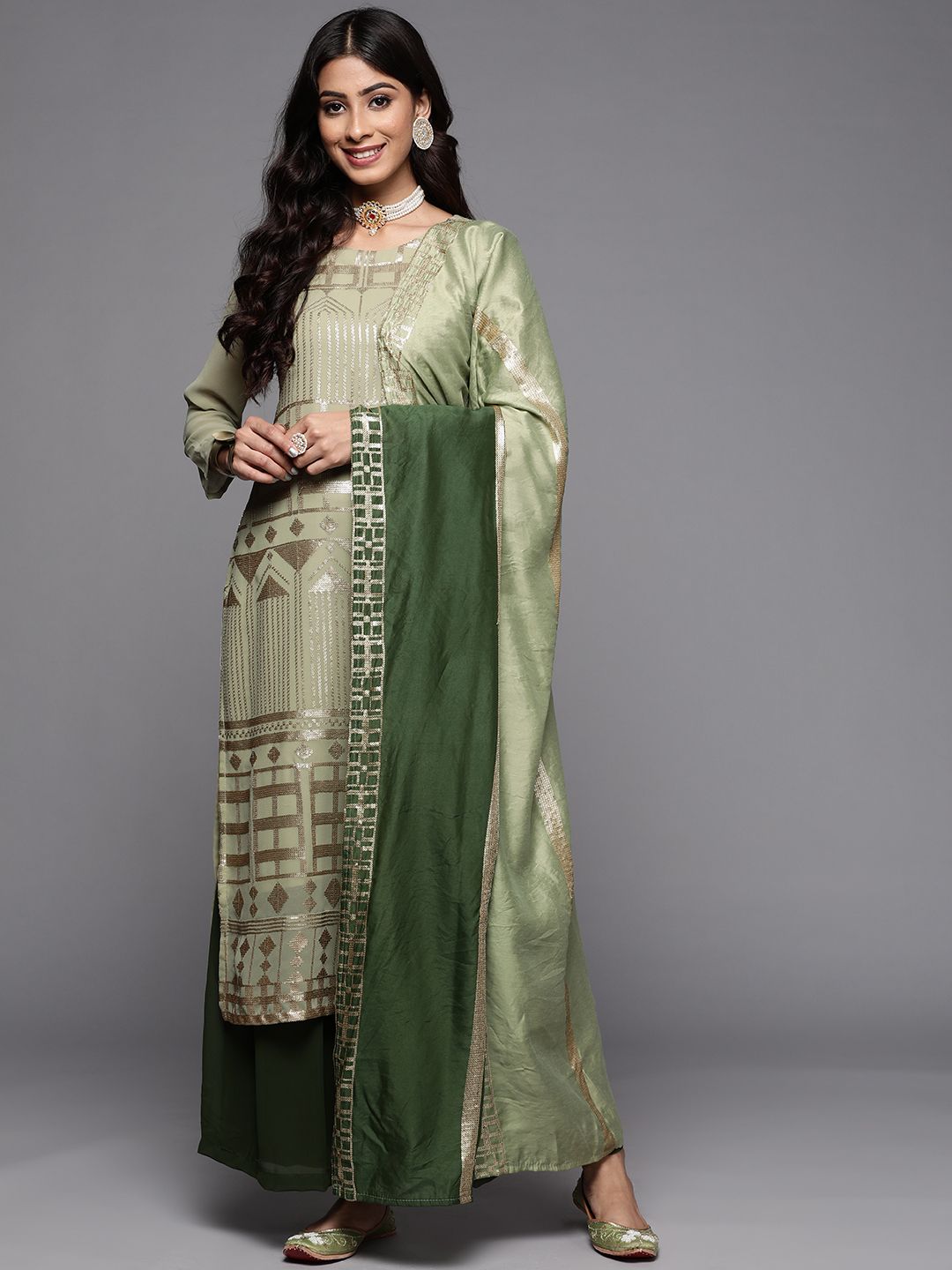 Varanga Women Green Embroidered Sequinned Kurta with Trousers & With Dupatta Price in India