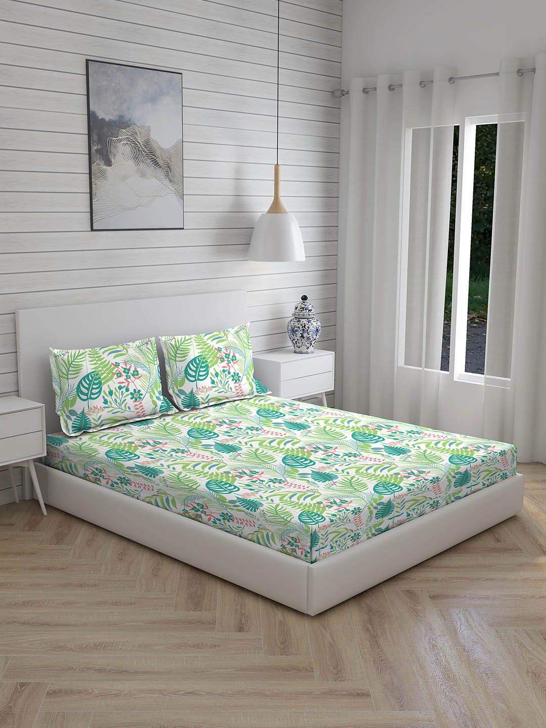 Layers Green & White Floral 250 TC King Bedsheet with 2 Pillow Covers Price in India