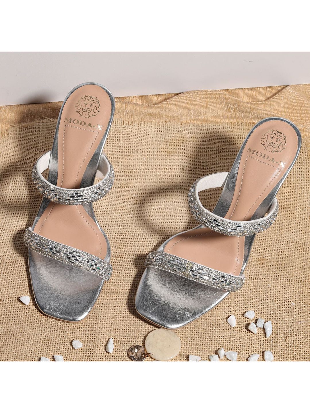 MODA-X Silver-Toned Embellished Block Sandals Price in India