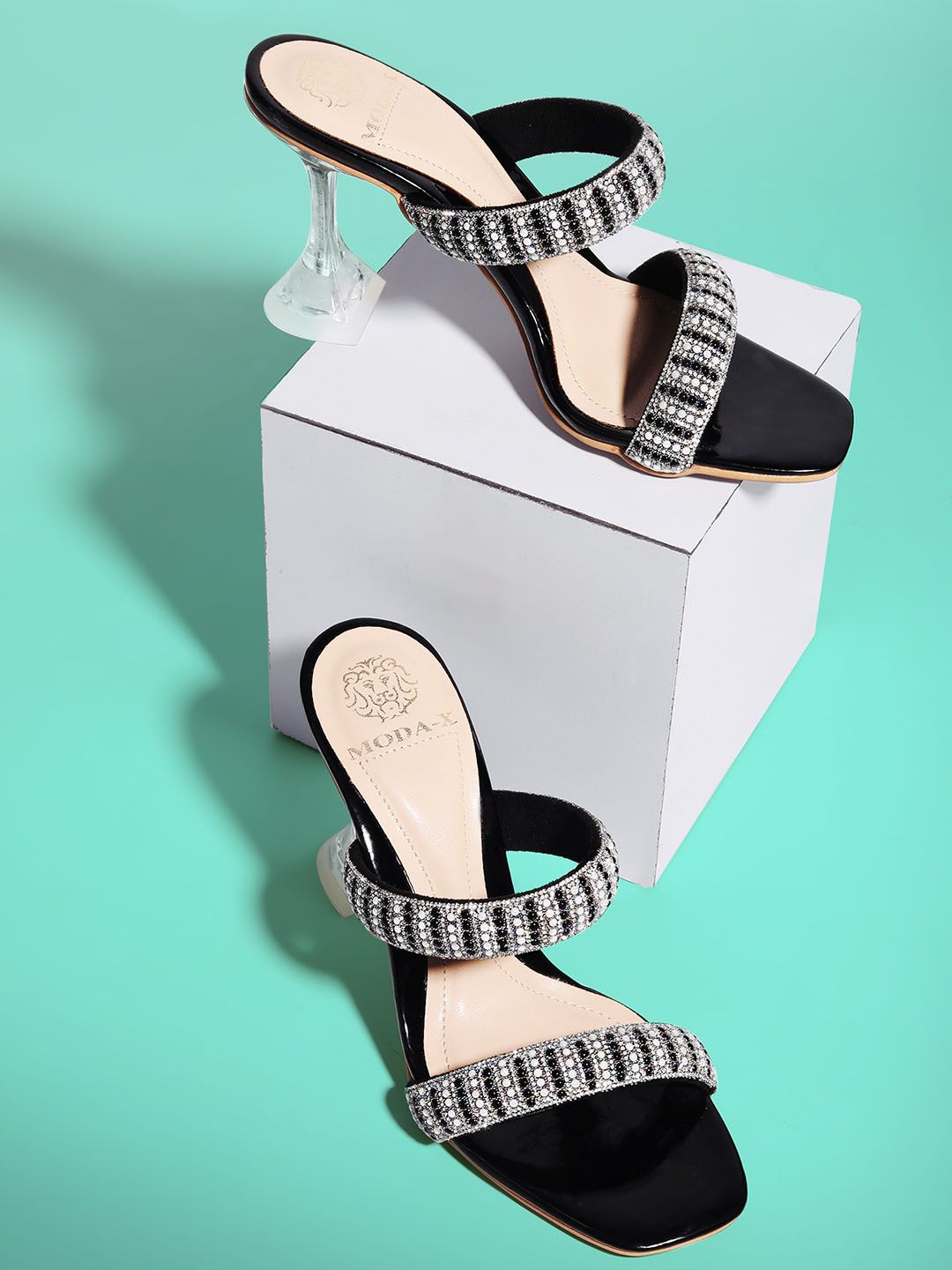 MODA-X Black Embellished Block Sandals Price in India