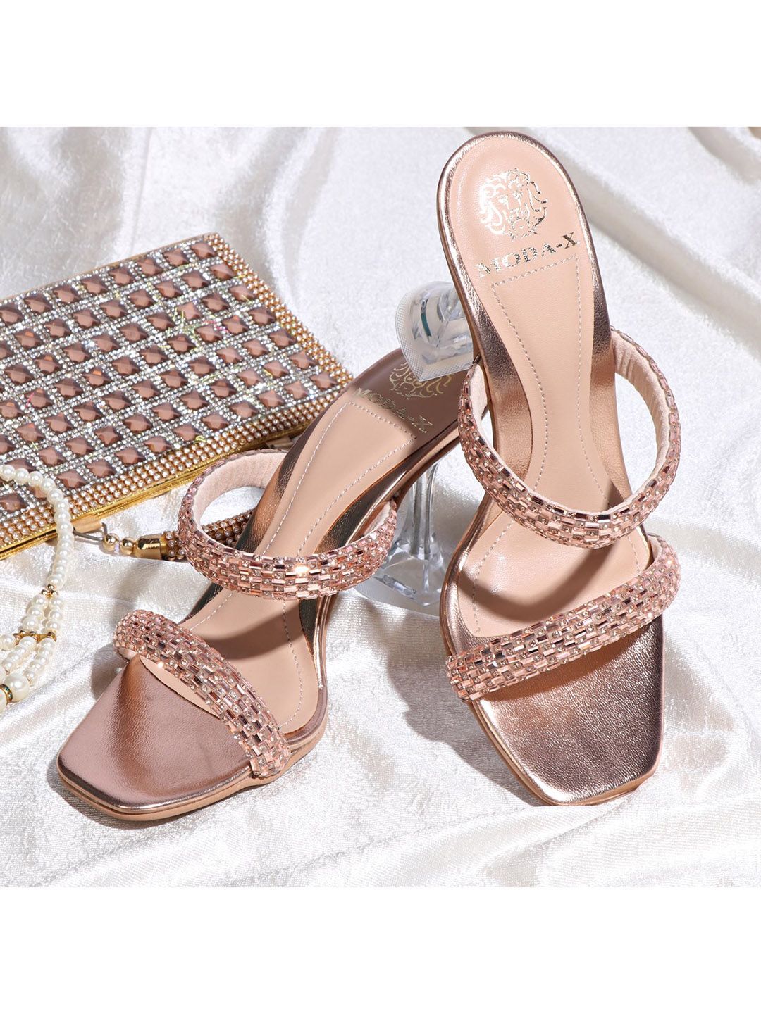 MODA-X Rose Gold Embellished Block Sandals Price in India