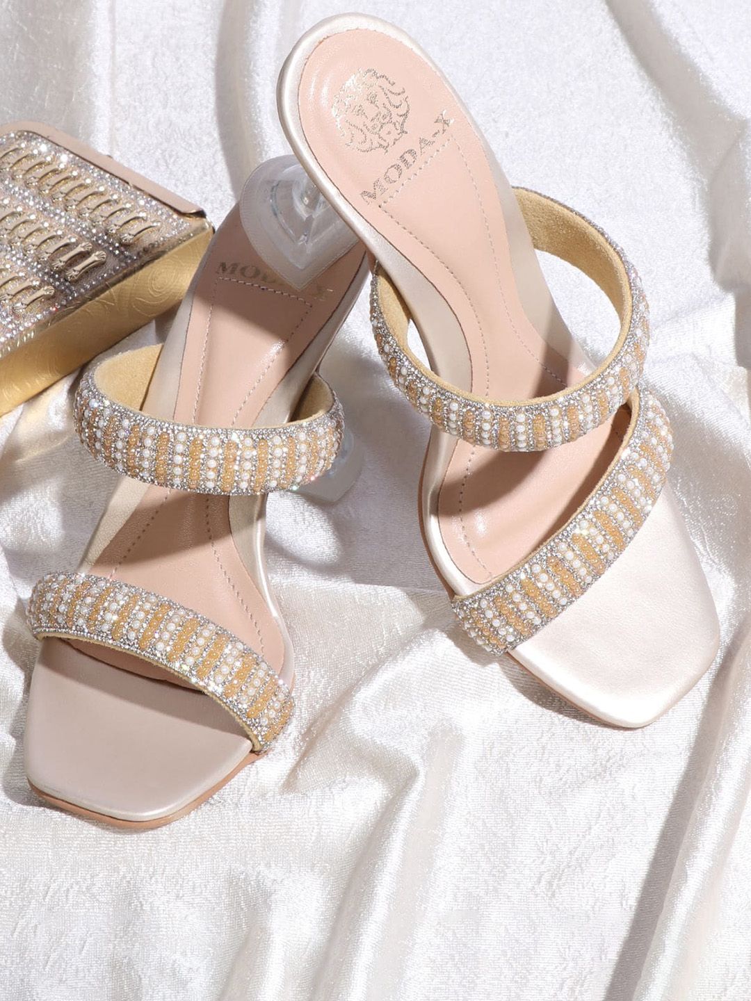 MODA-X Women Gold-Toned Embellished Block Sandals Price in India