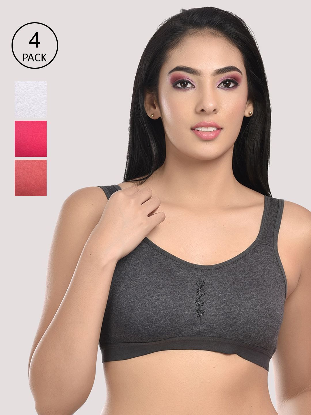 StyFun Pack of 4 White & Grey Cotton Seamless Non-Wired Workout Bra Price in India