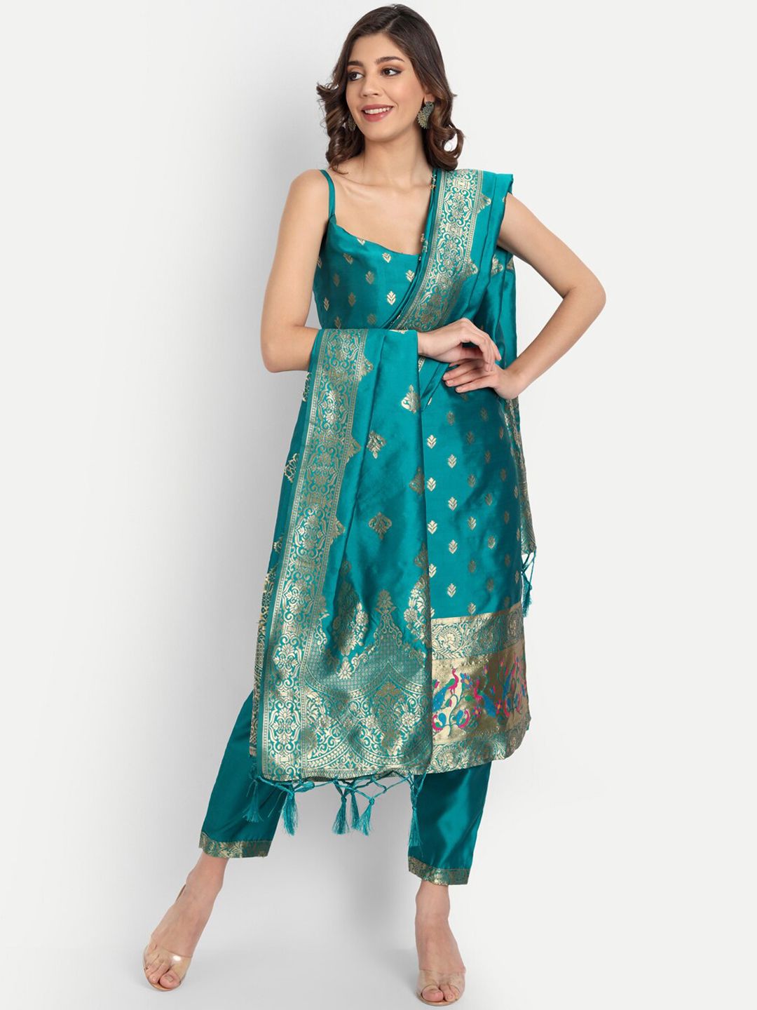 VredeVogel Women Teal Ethnic Motifs Kurti with Trousers & With Dupatta Price in India