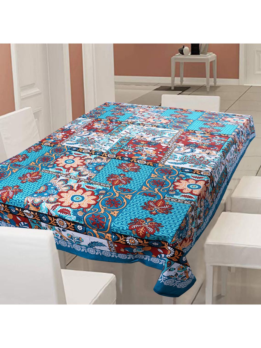 INDHOME LIFE Blue & White Printed Pure Cotton 144 TC Table Cover Price in India