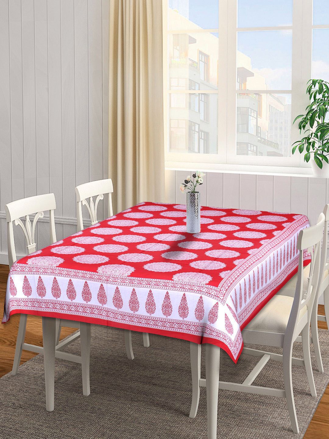 INDHOME LIFE Red & White Printed Cotton 144-TC Table Covers Price in India
