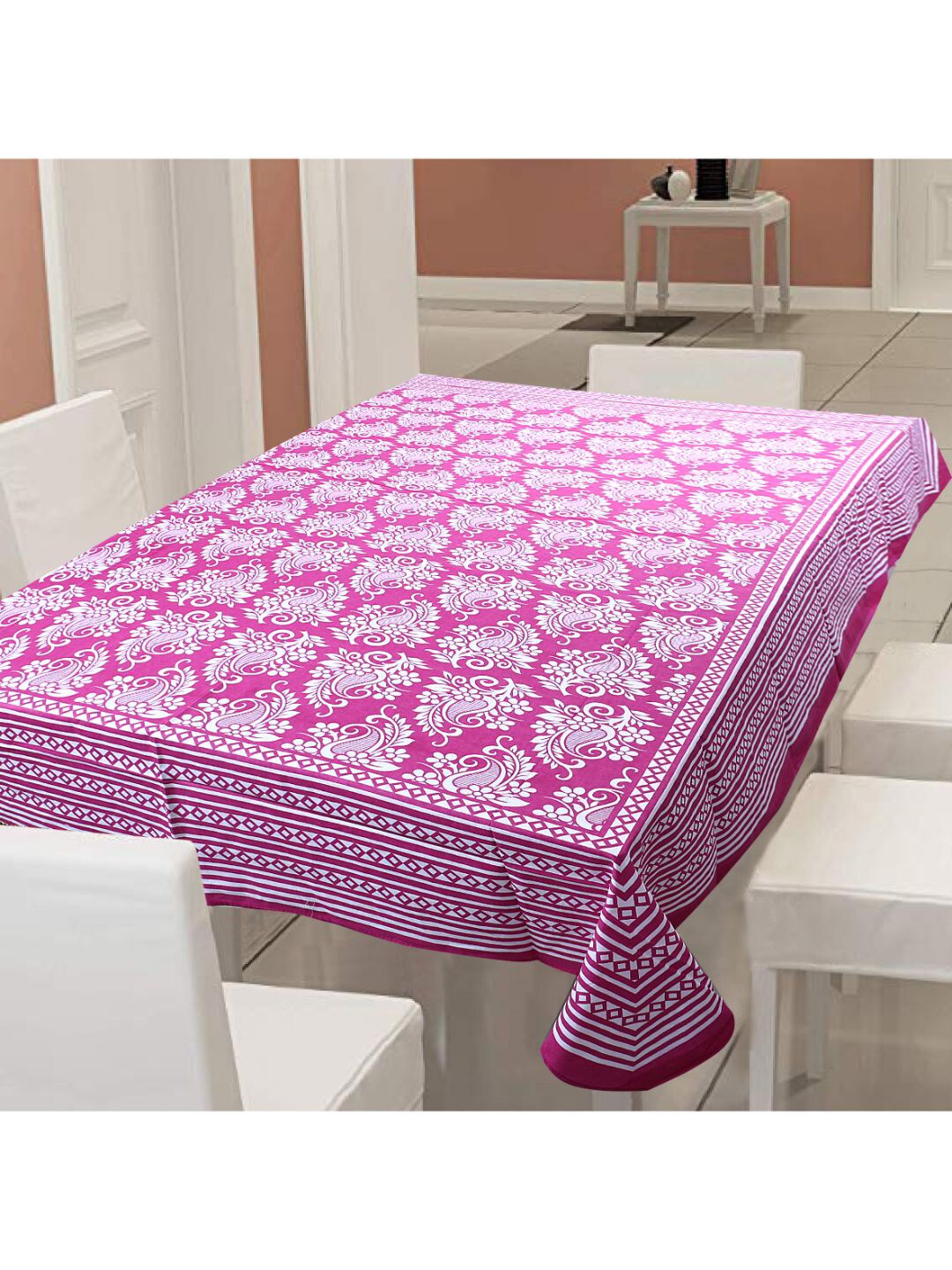 INDHOME LIFE Pink & White Printed Pure Cotton 6 Seater Table Covers Price in India