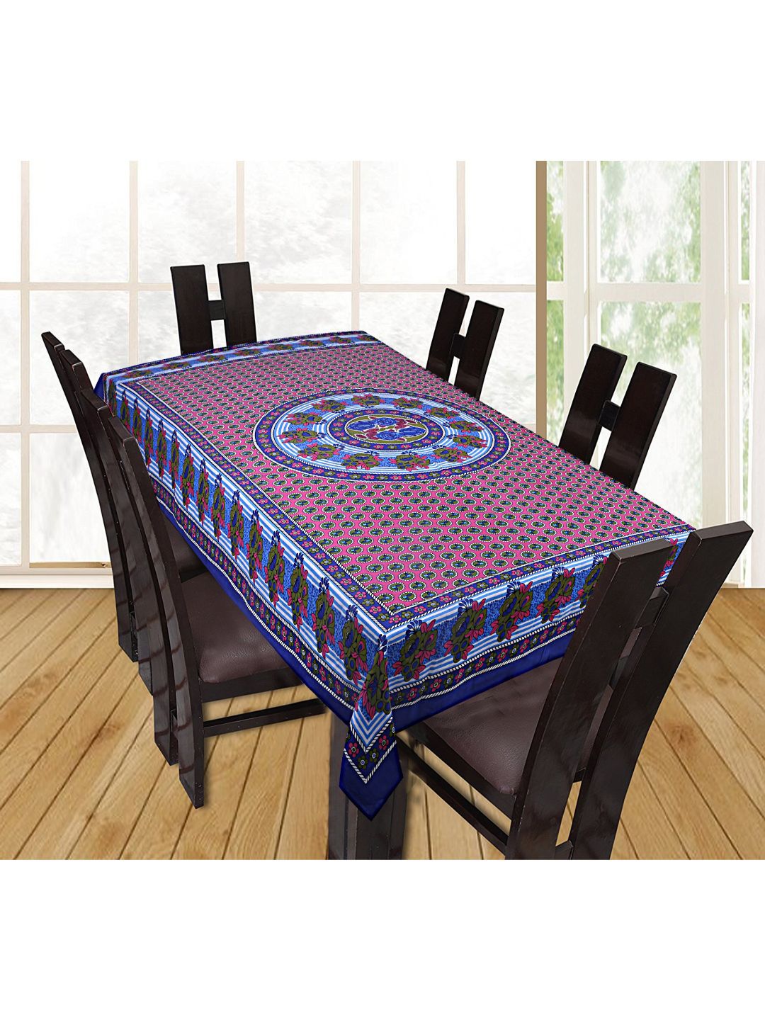 INDHOME LIFE Pink & Blue Printed 144 TC Pure Cotton Table Cover Price in India