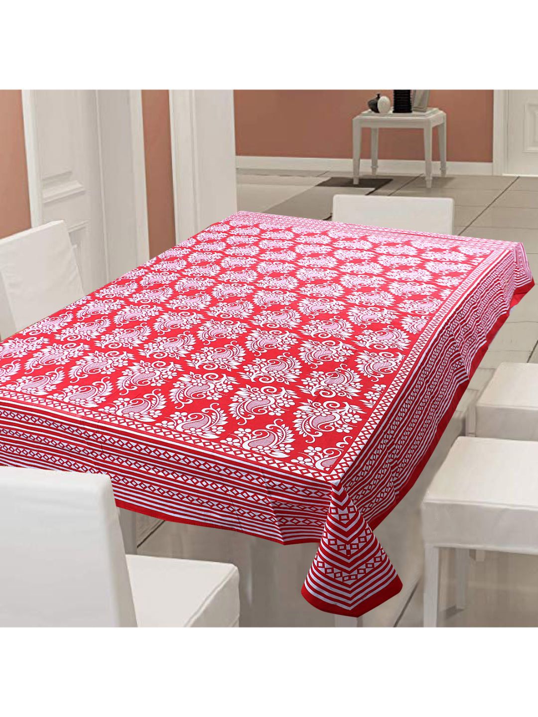 INDHOME LIFE Red & White Printed Pure Cotton 144 TC Table Covers Price in India